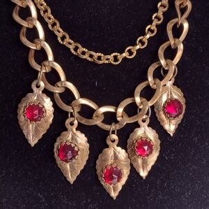 25" Vintage 40s Austrian Crystal Gold Gilt Leaf Chain Link Necklace